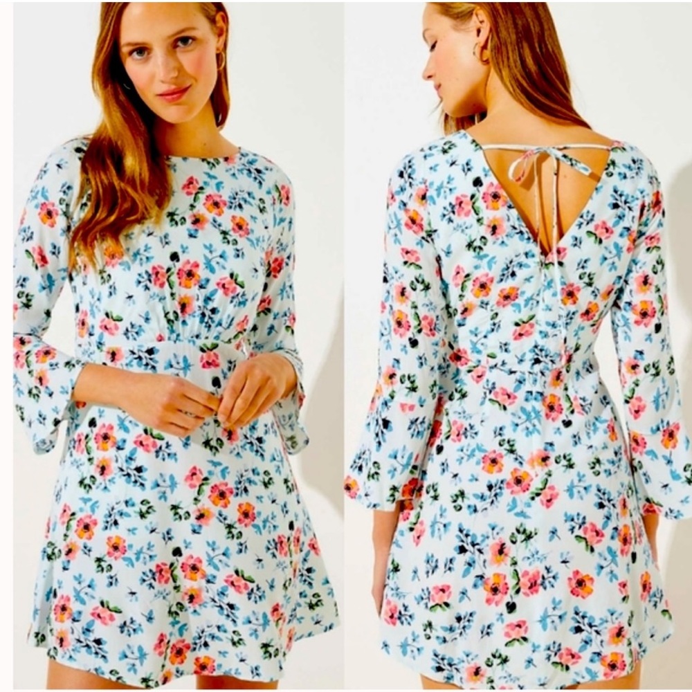 NWOT Loft Floral Tie Back Bell Sleeve Dress in Soft Blue Breeze